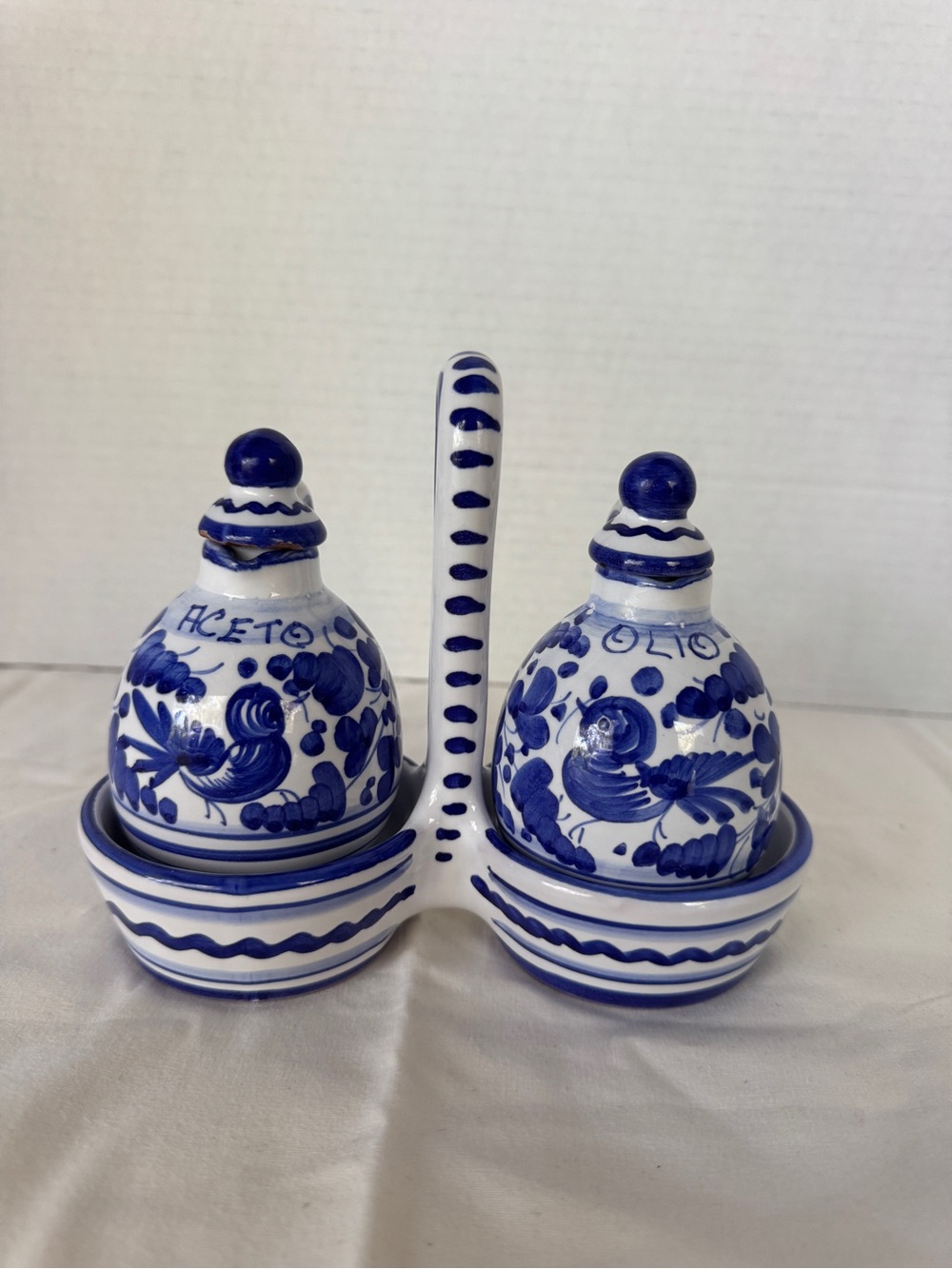 Hand-Painted Italian Majolica Pottery Olio Aceto Set, Deruta Arabesco Blue Bird